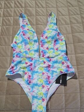 Fashion Nova White Blue Yellow Pink Tie-Dye One Piece Swimsuit